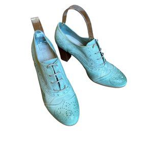 Sundance Catalog Teal Green Oxford Shoes Heels Menswear Look Distressed Laced Si